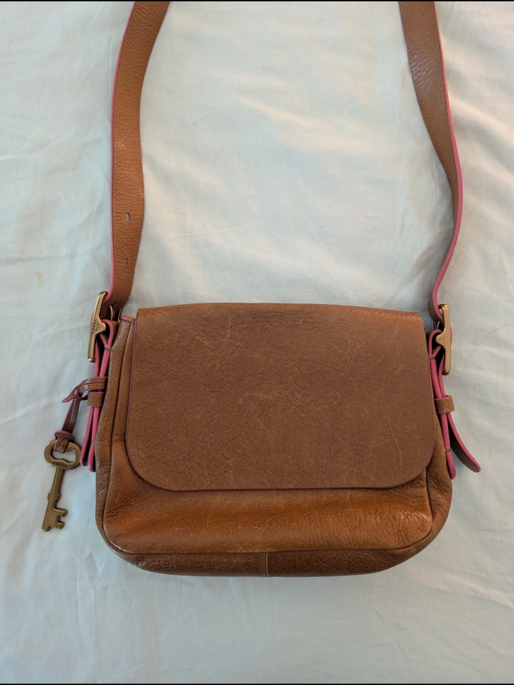 Fossil Brown Leather Crossbody with Pink Trim Accents